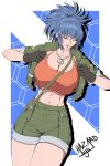  1girl abs absurdres black_gloves blue_eyes breasts dog_tags earrings gloves green_shorts hazard_sys highres jacket jewelry large_breasts leona_heidern muscular muscular_female one_eye_closed open_clothes open_jacket red_shirt shirt shorts signature solo suspenders the_king_of_fighters the_king_of_fighters_xv triangle_earrings 