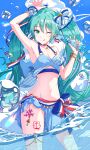  1girl ;q absurdres anchor_tattoo arm_up armpits bangs bikini blue_bikini blue_bow blue_eyes blue_hair blue_sky bottle bow breasts cleavage cloud collarbone cumulonimbus_cloud day groin hair_between_eyes halterneck hatsune_miku highres holding holding_bottle itogari leg_tattoo long_hair looking_at_viewer more_more_jump!_(project_sekai) navel one_eye_closed outdoors project_sekai ramune sarong shiny shiny_hair sky small_breasts solo swimsuit tattoo thigh_strap tongue tongue_out twintails very_long_hair vocaloid 