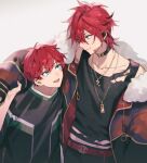  2boys amagi_hiiro amagi_rinne arm_around_shoulder bangs blue_eyes brothers coat collarbone earrings ensemble_stars! eyokiki fur_trim hair_between_eyes headphones jewelry long_sleeves looking_at_another male_focus multiple_boys necklace off_shoulder open_clothes open_coat open_mouth red_hair short_hair siblings simple_background smile teeth torn_clothes white_background 
