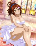  1girl bachou_mouki bangs bare_arms bare_legs bare_shoulders blue_scrunchie blush breasts brown_eyes brown_hair cleavage closed_mouth collarbone dress hair_between_eyes hair_ornament hair_scrunchie hairclip hands_on_own_knees ikkitousen large_breasts layered_dress long_hair looking_at_viewer ponytail scrunchie shiny shiny_hair shiny_skin short_dress sitting smile solo strapless strapless_dress wedding_dress white_dress 