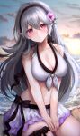  1girl absurdres asada_sadao bangs bikini black_bow black_hairband blush bow breasts cleavage cloud collarbone corrin_(fire_emblem) corrin_(fire_emblem)_(female) fire_emblem fire_emblem_fates fire_emblem_heroes floating_hair flower front-tie_bikini_top front-tie_top grey_hair hair_between_eyes hair_flower hair_ornament hairband halterneck highres large_breasts layered_skirt long_hair looking_at_viewer miniskirt navel ocean official_alternate_costume outdoors parted_lips pink_flower pointy_ears red_eyes shiny shiny_hair sitting skirt solo swimsuit very_long_hair white_bikini white_skirt 