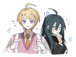  1boy 1girl ahoge akamatsu_kaede backpack bag bangs black_hair black_jacket blush collared_shirt danganronpa_(series) danganronpa_v3:_killing_harmony flying_sweatdrops genderswap genderswap_(ftm) genderswap_(mtf) hair_between_eyes hair_ornament hand_up jacket long_hair mars_symbol musical_note musical_note_hair_ornament necktie orange_necktie pink_vest purple_eyes saihara_shuuichi sakuraihum shirt short_hair sparkle striped striped_jacket venus_symbol vest 