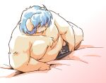  2022 anthro bed belly big_belly bina_(sv_grart) blue_hair blush bodily_fluids canid canine canis cum domestic_dog furniture genital_fluids hair humanoid_hands kemono male mammal moobs navel nipples overweight overweight_male solo takagi_kyou 