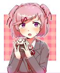  :3 :o animal_ears artist_name bangs blazer blush bob_cut brown_sweater_vest cat_ears cupcake doki_doki_literature_club dress_shirt embarrassed food grey_jacket hair_intakes hair_ornament hair_ribbon holding holding_food jacket jurjuly long_sleeves looking_at_viewer natsuki_(doki_doki_literature_club) neck_ribbon outside_border pink_background pink_eyes pink_hair plaid plaid_background red_ribbon ribbon school_uniform shirt short_hair signature sweatdrop sweater_vest swept_bangs two_side_up upper_body v-shaped_eyebrows w_arms whiskers white_shirt x_hair_ornament 