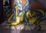  bed bedroom blue_tongue chivaran dragon female feral furniture group hi_res icewing_(wof) male male/male moonwatcher_(wof) nightwing_(wof) qibli_(wof) sandwing_(wof) scalie scar tongue tongue_out trio wings wings_of_fire winter_(wof) 