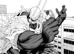  1boy andrei_(shidanasu) blood blood_on_face blood_on_weapon blood_splatter building chainsaw chainsaw_man cockroach_devil_(chainsaw_man) denji_(chainsaw_man) facing_another greyscale highres horns intestines monochrome muscular no_eyes open_mouth skeleton topless_male weapon 