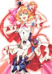  1girl :d armpits bangs blonde_hair blue_gemstone boots bow brown_hair clothing_cutout crown detached_sleeves dress freyja_wion gem gloves green_eyes hair_between_eyes hair_bow hair_ornament heart heart_hair_ornament highres holding holding_microphone jewelry looking_at_viewer macross macross_delta medium_hair microphone midriff minato_ichi mini_crown multicolored_hair navel navel_cutout one_side_up open_mouth red_gloves ring short_dress short_sleeves smile solo stomach thigh_boots two-tone_hair waist_cape white_bow white_dress white_sleeves 