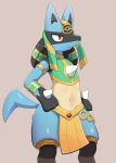 2022 3_fingers anthro black_body black_fingers blue_body blue_ears blue_fur blue_tail chest_spike clothed clothing egyptian_clothing fingers fur generation_4_pokemon hi_res holowear_(pokemon) lucario midriff multicolored_body multicolored_fur nintendo pokemon pokemon_(species) pokemon_unite ruins_style_lucario spikes spikes_(anatomy) sum video_games 