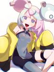  1girl :d bangs black_shorts breasts character_hair_ornament chitozen_(pri_zen) collarbone commentary_request green_hair grey_shirt hair_ornament highres iono_(pokemon) jacket long_hair multicolored_hair open_clothes open_jacket open_mouth pink_hair pokemon pokemon_(game) pokemon_sv purple_eyes shirt shorts single_leg_pantyhose sleeveless sleeveless_shirt smile solo teeth thigh_strap tongue twitter_username two-tone_hair upper_teeth_only watermark white_background yellow_jacket 