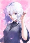  1girl arm_up bangs black_shirt cherry_blossoms grey_kimono grin hair_between_eyes highres japanese_clothes kaijin-m kimono long_hair looking_at_viewer original purple_eyes shirt short_sleeves smile solo spring_(season) straight_hair upper_body white_hair 