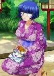  1girl :o alternate_costume bangs blue_hair blunt_bangs bob_cut breasts cleavage collarbone day eyepatch floral_print food green_eyes holding ikkitousen japanese_clothes kimono large_breasts long_sleeves mole mole_under_mouth open_mouth outdoors print_kimono purple_kimono ryomou_shimei shiny shiny_hair short_hair solo squatting straight_hair wide_sleeves 