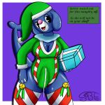  anthro big_breasts blue_body bodily_fluids bottomless breasts bulge christmas christmas_clothing christmas_headwear clothed clothing cum cum_drip cum_in_clothing cum_through_clothing dripping erection erection_under_clothing fizzy_pop_the_popplio floppy_ears generation_7_pokemon genital_fluids gift headgear headwear herm hi_res holidays intersex looking_at_viewer nintendo pokemon pokemon_(species) pokemorph popplio raised_tail sexybigears69 smile solo text thick_thighs video_games wet wet_clothing 
