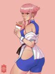  1girl ass belt black_belt blue_bodysuit blue_eyes bodysuit breasts cup disposable_cup dougi drinking_straw english_commentary fingernails from_behind highres hip_vent lips looking_back manon_(street_fighter) martial_arts_belt medium_breasts nose off_shoulder panty_straps pink_background short_hair_with_long_locks sideboob solo street_fighter street_fighter_6 thighs volt_crocodile wristband 