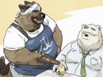  2022 alcohol anthro apron bear beer belly beverage big_belly black_nose blush bottomwear brown-body canid canine canis clothing domestic_dog duo eyes_closed eyewear glasses hi_res kemono male mammal necktie overweight overweight_male pants pommn_mn shirt sitting topwear white_body 