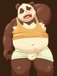  2022 anthro bear belly big_belly bulge clothing eyes_closed giant_panda hi_res kemono male mammal meg_hoi moobs navel nipples open_mouth overweight overweight_male shirt simple_background solo topwear underwear yawn 