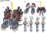  1girl :&lt; absurdres arms_at_sides ass blue_hair cable commentary_request covered_navel duel_masters elbow_gloves from_behind full_body gloves headgear highres horns leotard looking_at_viewer mecha_musume multiple_views nakamura_eight official_art orange_eyes plantar_flexion reference_sheet short_hair white_background 