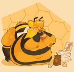  anthro arthropod bee belly big_belly burger butt catboyz eating eating_food eyes_closed food hi_res hymenopteran insect male morbidly_obese nipples nude obese obese_anthro obese_male overweight overweight_anthro overweight_male pizza_box simple_background solo solo_focus 