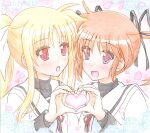  2girls black_ribbon blonde_hair blush brown_hair couple eye_contact fate_testarossa happy heart looking_at_another lyrical_nanoha mahou_shoujo_lyrical_nanoha multiple_girls neck_ribbon purple_eyes red_eyes red_ribbon ribbon school_uniform shinozuki_takumi simple_background smile takamachi_nanoha uniform yuri 