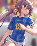  1girl 2022_fifa_world_cup absurdres akebono_(kancolle) alternate_costume arthur_ko bell blue_shirt cowboy_shot flower hair_bell hair_flower hair_ornament highres jingle_bell kantai_collection long_hair purple_eyes purple_hair running shirt shorts side_ponytail soccer_uniform solo sportswear very_long_hair white_shorts world_cup 