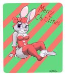  3_toes anthro breasts christmas christmas_clothing clothing daison_the_fox disney feet female handwear hi_res holidays judy_hopps lagomorph legwear leporid looking_at_viewer mammal rabbit simple_background smile solo toes zootopia 