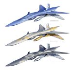  absurdres ace_combat ace_combat_3 aircraft airplane asterozoa english_commentary fighter_jet highres jet military military_vehicle no_humans r-103_delphinus_iii redesign science_fiction simple_background variations vehicle_focus white_background 