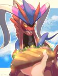  1other absurdres cloud commentary_request day food highres holding holding_food koraidon lettuce looking_down muraoka_tem notice_lines open_mouth outdoors pokemon pokemon_(creature) sandwich sky sparkle tongue yellow_eyes 