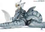  absurd_res anthro butt clothed clothing female fish flexible hi_res looking_at_viewer looking_back looking_back_at_viewer marine murazaki shark simple_background solo splits spread_legs spreading white_background 