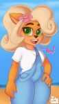  accessory activision anthro bandicoot beach big_breasts blonde_hair blue_background blue_overalls breasts clothed clothing coco_bandicoot crash_bandicoot_(series) dialogue female flower flower_in_hair fur green_eyes hair hair_accessory hand_on_hip hi_res inkyloods_(artist) looking_at_viewer mammal marsupial orange_body orange_fur overalls plant sea seaside shirt simple_background solo talking_to_viewer tan_body tan_fur text thick_thighs topwear video_games water white_clothing white_shirt white_topwear wide_hips 