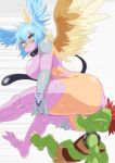  1boy 1girl ass blue_eyes blue_hair breasts claws digimon digimon_(creature) digimon_frontier facial_mark feathered_wings foot_out_of_frame garter_straps gloves goburimon hair_wings highres long_hair mask mouth_mask otokamu scarf shutumon simple_background swimsuit thighhighs white_background wings 