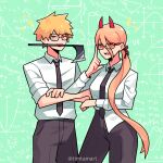  1boy 1girl absurdres axe black_necktie black_pants blonde_hair chainsaw_man collared_shirt cross-shaped_pupils crossed_arms denji_(chainsaw_man) glasses green_background hair_between_eyes hair_ribbon highres horns long_hair looking_at_viewer math necktie open_mouth orange_eyes pants ponytail power_(chainsaw_man) red_horns ribbon sharp_teeth shirt shirt_partially_tucked_in shirt_tucked_in short_hair simple_background sleeves_rolled_up symbol-shaped_pupils teeth timtam twitter_username weapon_in_mouth white_shirt 
