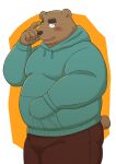  2022 anthro bear belly big_belly blush bottomwear brown_body clothing eyes_closed hi_res hoodie humanoid_hands kemono kick_(artist) male mammal overweight overweight_male pants solo topwear 