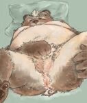  2022 anthro anus balls bear belly big_belly brown_body brown_fur butt fur fururin555 genitals kemono lying male mammal moobs nipples overweight overweight_male pillow solo 