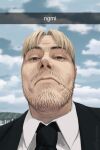  1boy black_jacket black_necktie blonde_hair blue_sky chainsaw_man close-up cloud cloudy_sky collared_shirt facial_hair graveyard highres jacket kishibe_(chainsaw_man) looking_at_viewer meme necktie outdoors pocketbee shirt short_hair sky snapchat solo stitched_mouth stitches stubble tombstone twitter_username white_shirt 