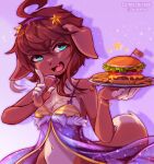  1girl ahoge bare_shoulders bikini blue_eyes bracelet brown_fur brown_hair burger coffeechicken commentary dog_girl fang flag food french_fries hairband highres huge_ahoge jewelry looking_at_viewer navel nightgown original plate purple_hairband saliva_drip solo star_(symbol) string_bikini swimsuit symbol-only_commentary two-tone_fur white_fur 