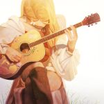  1girl black_thighhighs blonde_hair crossed_legs english_commentary english_text flower guitar hair_flower hair_ornament hood hood_down hoodie instrument jewelry k-pop music necklace off_shoulder playing_instrument real_life red_shirt seeun_(stayc) shirt shorts solo soorin stayc thighhighs white_flower white_hoodie white_shorts 