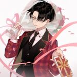  1boy bangs black_hair black_necktie black_vest blue_eyes bouquet box closed_mouth coat collared_shirt eyokiki flower gift gift_box holding holding_bouquet holding_box levi_(shingeki_no_kyojin) long_sleeves looking_at_viewer male_focus necktie open_clothes open_coat parted_bangs petals pink_ribbon ribbon shingeki_no_kyojin shirt short_hair simple_background vest white_background white_shirt 