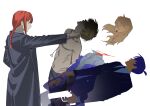  2boys 2girls bangs black_coat black_hair black_jacket black_necktie black_pants blonde_hair blue_jacket braid braided_ponytail chainsaw_man coat collared_shirt decapitation denji_(chainsaw_man) faceless faceless_male falling garam_lee gun hair_between_eyes hayakawa_aki highres holding holding_weapon horns jacket jacket_partially_removed long_hair looking_at_another looking_up makima_(chainsaw_man) multiple_boys multiple_girls necktie open_mouth pants power_(chainsaw_man) red_hair red_horns ringed_eyes severed_head shirt shirt_tucked_in short_hair sidelocks simple_background smile strangling suit_jacket topknot weapon white_background white_shirt yellow_eyes 