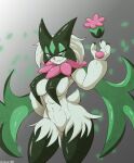  2022 absurd_res anthro arskatheman big_breasts breasts felid feline female fur generation_9_pokemon green_body green_fur hi_res looking_at_viewer mammal meowscarada nintendo pokemon pokemon_(species) smile solo video_games 