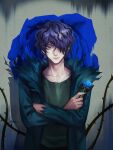  1boy absurdres blue_eyes blue_flower blue_jacket blue_rose crossed_arms floral_print flower garry_(ib) green_shirt highres holding holding_flower ib jacket open_clothes open_jacket rose rose_print serious shirt spikes staryoruu torn torn_clothes 