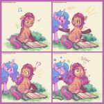  1:1 ?! book border braided_hair braided_ponytail cellphone earbuds equid equine exclamation_point female hair hasbro headphones hi_res horn izzy_moonbow_(mlp) mammal mlp_g5 my_little_pony phone pink_border ponytail puyohh question_mark smartphone sunny_starscout_(mlp) unicorn 