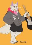  absurd_res bottomwear canid canine canis clothed clothing domestic_dog fur guitar hi_res male mammal musical_instrument paws plucked_string_instrument sharp_teeth shorts solo string_instrument teeth terryskaii_(artist) white_body white_fur 
