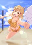  1girl absurdres bangs beach beach_volleyball bikini blonde_hair blue_sky blurry breasts cleavage clenched_hand cloud collarbone commentary_request depth_of_field eyelashes fisheye flying_sweatdrops glint hair_ornament highres jumping lens_flare medium_breasts open_mouth outstretched_arms sand senki_zesshou_symphogear shadow short_hair sidelocks sky swimsuit tachibana_hibiki_(symphogear) tsubame-w volleyball_net yellow_eyes 