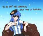  1girl 2022_fifa_world_cup argentina argentinian_flag_print beret black_shorts blue_background blue_hair blue_shirt breasts check_commentary check_translation closed_mouth commentary_request couch hat highres hinanawi_tenshi holding_mate long_hair mate meme peach_hat_ornament photo-referenced rakkidei shirt shorts sidelocks simple_background sitting small_breasts smile soccer_uniform solo spanish_commentary spanish_text sportswear striped striped_shirt sunglasses touhou translation_request vertical-striped_shirt vertical_stripes white_shirt world_cup 