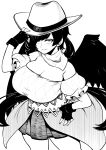  1girl absurdres adjusting_clothes adjusting_headwear bandana breasts cleavage closed_mouth commentary_request cowboy_hat cowboy_western dress feathered_wings fingerless_gloves from_above gloves greyscale hand_on_hip hat highres himajin_noizu holding holding_clothes holding_hat horse_tail kurokoma_saki large_breasts long_hair monochrome off-shoulder_dress off_shoulder overskirt pegasus_wings ponytail short_dress smile solo tail touhou wings 