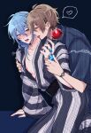  2boys 417_(i7-4i) absurdres bishounen blue_background blue_eyes blue_hair brown_eyes brown_hair candy_apple edmond_(nu_carnival) eiden_(nu_carnival) food hair_between_eyes heart highres holding holding_another&#039;s_wrist holding_food japanese_clothes jinbei_(clothes) kimono licking licking_another&#039;s_neck light_blue_hair male_focus multiple_boys nipples nu_carnival open_mouth spoken_heart tongue tongue_out twitter_username yaoi yukata 