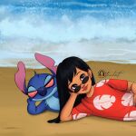  1:1 2022 alien ambiguous_gender arm_support beach black_hair blue_body blue_fur blue_nose brown_eyes chest_tuft child clothed clothing digital_drawing_(artwork) digital_media_(artwork) disney duo experiment_(lilo_and_stitch) eyelashes eyewear female fur galulaz123 hair head_tuft hi_res human lilo_and_stitch lilo_pelekai long_hair looking_at_viewer lying male_(lore) mammal muumuu notched_ear on_side red_clothing seaside signature stitch_(lilo_and_stitch) sunglasses tuft wave young 
