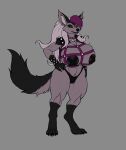  anthro big_breasts big_butt black_body black_fur bodily_fluids breasts butt canid canine canis clothed clothing collar demon female fluffy fluffy_tail fur goth hair hi_res hybrid karnator looking_at_viewer mammal multicolored_body multicolored_fur nipple_outline nipples open_mouth partially_clothed purple_body purple_fur purple_hair red_eyes solo thick_thighs wolf 