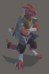  anthro armor artificer backpack bag bottle claws clothed clothing container crossbow digital_media_(artwork) green_eyes hi_res horn kobold male ranged_weapon red_body red_scales reptile scales scalie scuotivento simple_background solo tools weapon 