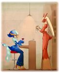  absurd_res alcohol anthro bartender beak beverage blaziken blue_body blue_eyes blue_feathers container cup drinking_glass duo feathers generation_3_pokemon glass glass_container glass_cup hi_res male nintendo orange_tubuan pokemon pokemon_(species) quaquaval red_body red_feathers video_games wine wine_glass 