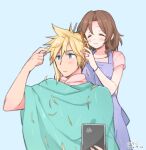  1boy 1girl aerith_gainsborough alternate_costume apron artist_name blonde_hair blue_apron blue_background blue_eyes blush bracelet brown_hair closed_eyes cloud_strife cutting_hair dated final_fantasy final_fantasy_vii hair_between_eyes hand_in_another&#039;s_hair hand_in_own_hair jewelry krudears pink_shirt ring shirt short_hair short_sleeves smile spiked_hair upper_body 